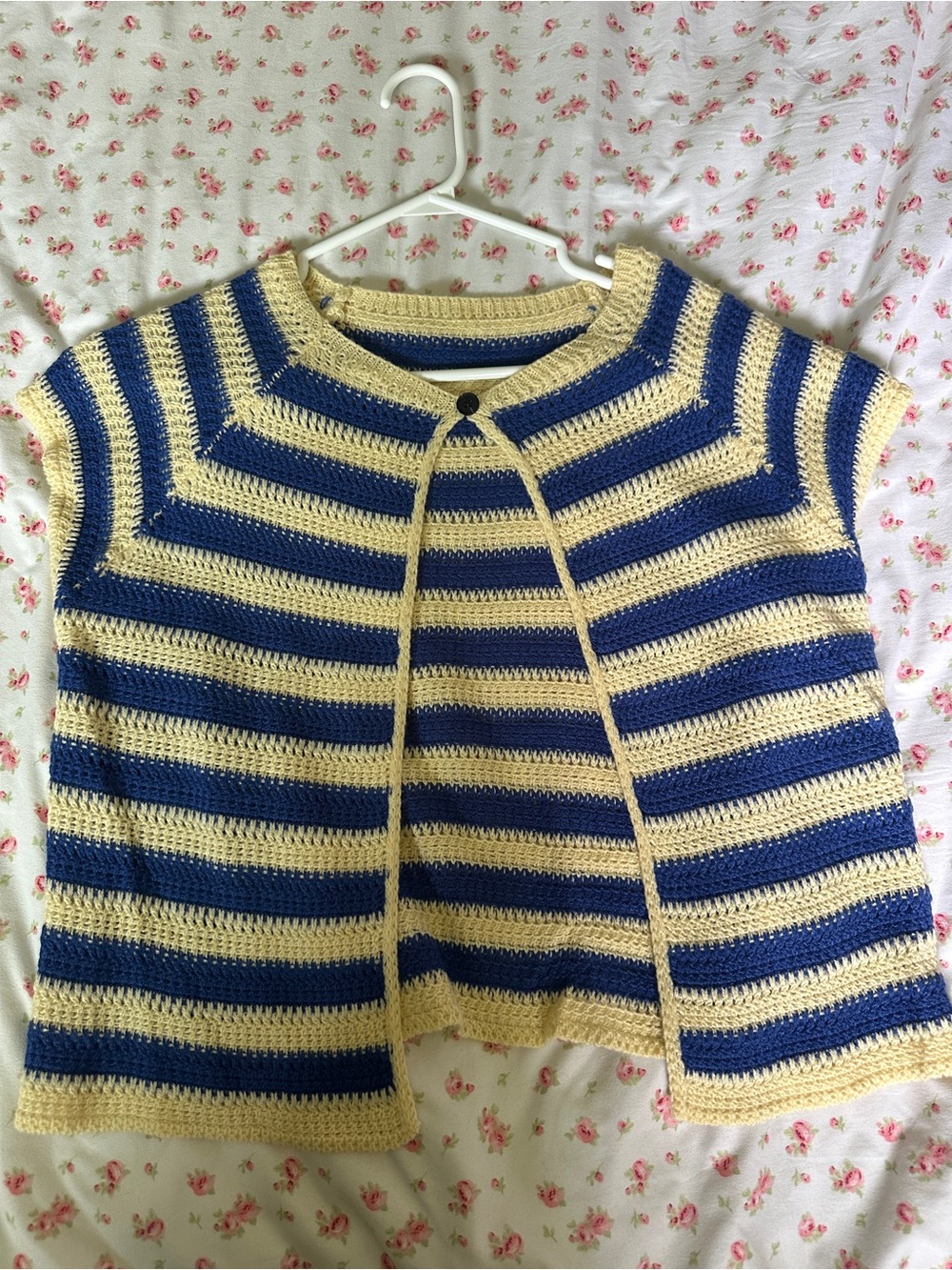 H&M Blue and Cream Striped Crochet Short-Sleeve Cardigan